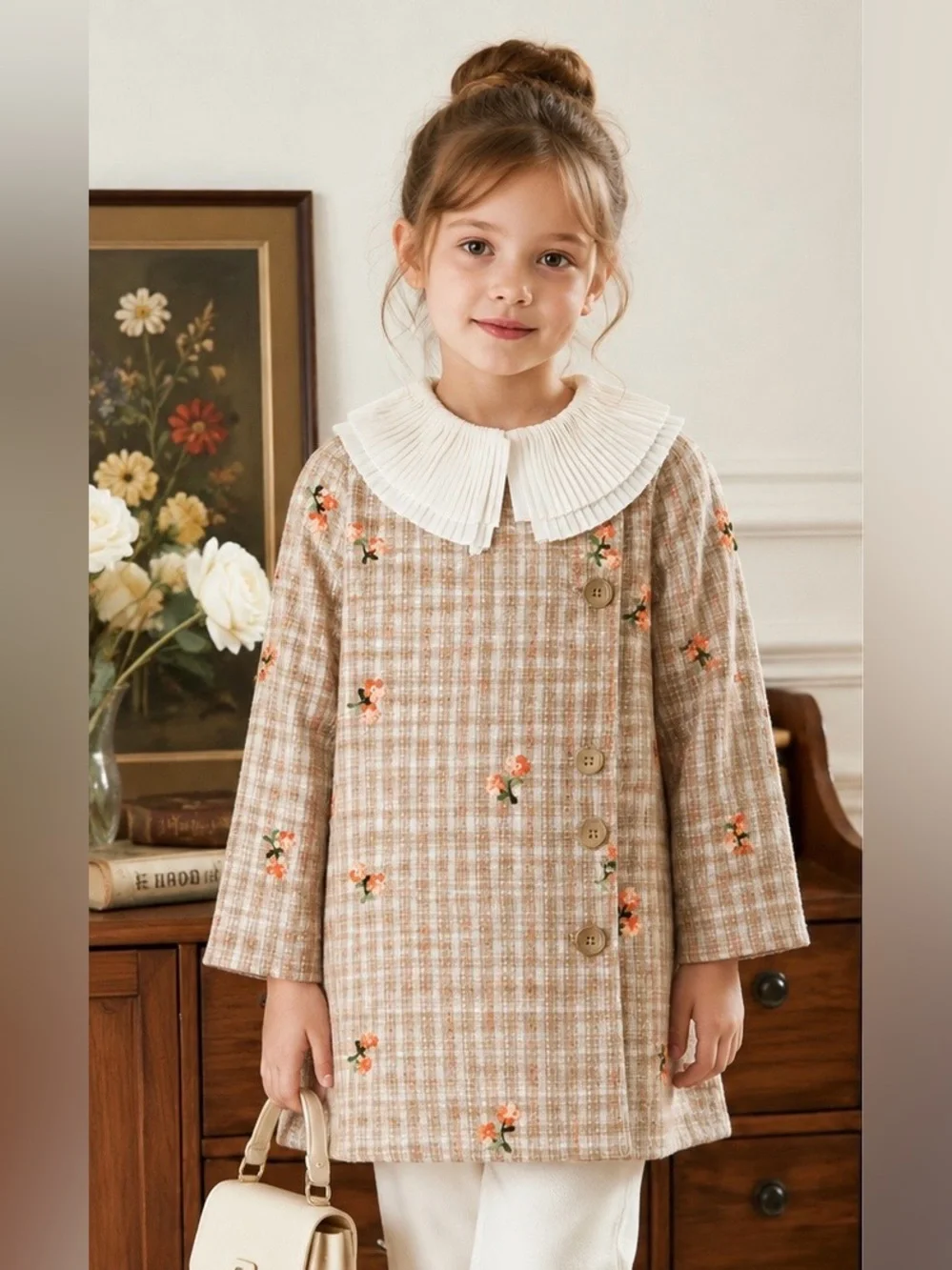 Girls Plaid Coat with Pleated Collar and Floral Embroidery